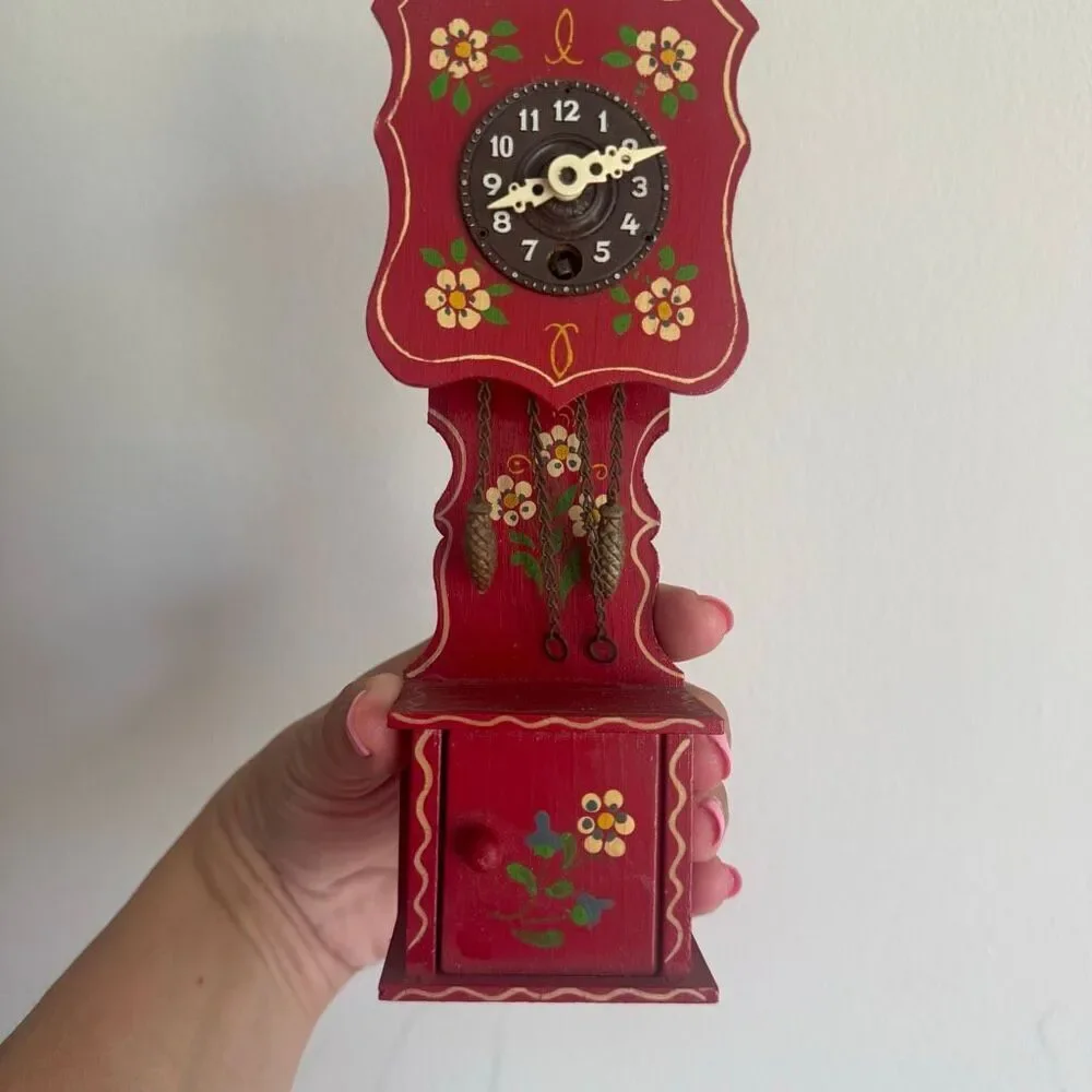 Vintage Hand-Painted German Miniature Wall Clock Josef Hauser Floral Folk Art